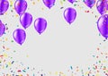 Birthday card with purple balloons and confetti on backgr