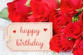Birthday card red roses and a label with text happy birthday
