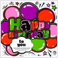 Birthday card in style comic book, speech bubble and balloons. Vector. Royalty Free Stock Photo