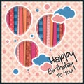 Birthday card in the style of cutouts with balloons and clouds on retro pattern background. Vector.