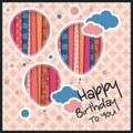 Birthday card in the style of cutouts with balloons and clouds on retro pattern background. Vector. Royalty Free Stock Photo