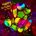 Birthday card in the style of cutouts with balloons on colorful flowers background. Vector.