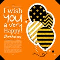 Birthday card in the style of cutouts with balloons on golden glitter background. Vector.