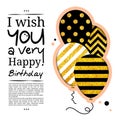 Birthday card in the style of cutouts with balloons on golden glitter background. Vector.