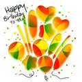 Birthday card in the style of cutouts with colorful balloons on white background. Vector.