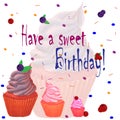 Birthday card with sweet, tasty cupcakes. Hand drawn illustration
