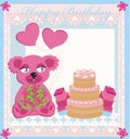 Birthday card, sweet teddy bear holding heart balloons