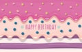 Birthday card template. Melted flowing cream layers background. Cake close-up decorated with glitter dots. Girly. Vector
