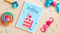 Birthday card vector background. Happy birthday greeting text in paper space for kids party