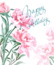 Birthday card Watercolor flowers peonies. Handmade greeting cards. Spring composition.
