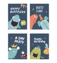 Birthday cards set with Cute monsters. Cartoon monsters collection. Vector illustration