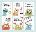 Birthday cards set with Cute monsters. Cartoon monsters collection. Vector illustration