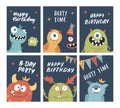 Birthday cards set with Cute monsters. Cartoon monsters collection. Vector illustration