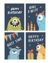 Birthday cards set with Cute monsters. Cartoon monsters collection. Vector illustration