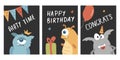 Birthday cards set with Cute monsters. Cartoon monsters collection. Vector illustration