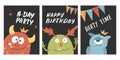 Birthday cards set with Cute monsters. Cartoon monsters collection. Vector illustration