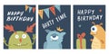 Birthday cards set with Cute monsters. Cartoon monsters collection. Vector illustration