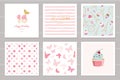 Birthday cards set for teenage girls. Including seamless patterns in pastel pink. Sweet 16, butterflies, cupcake, polka