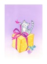 Happy Birthday, a big colorful gift for kitty. watercolor illustration.