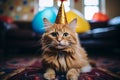 Birthday cat kitty funny cute pretty happy small animal playful festive hat celebrate, cake candles gifts banner copy