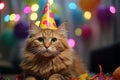 Birthday cat kitty funny cute pretty happy small animal playful festive hat celebrate, cake candles gifts banner copy