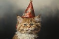 Birthday cat kitty funny cute pretty happy small animal playful festive hat celebrate, cake candles gifts banner copy