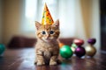 Birthday cat kitty funny cute pretty happy small animal playful festive hat celebrate, cake candles gifts banner copy