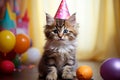 Birthday cat kitty funny cute pretty happy small animal playful festive hat celebrate, cake candles gifts banner copy