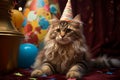 Birthday cat kitty funny cute pretty happy small animal playful festive hat celebrate, cake candles gifts banner copy