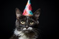 Birthday cat kitty funny cute pretty happy small animal playful festive hat celebrate, cake candles gifts banner copy