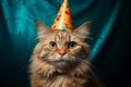 Birthday cat kitty funny cute pretty happy small animal playful festive hat celebrate, cake candles gifts banner copy