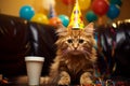 Birthday cat kitty funny cute pretty happy small animal playful festive hat celebrate, cake candles gifts banner copy