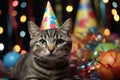 Birthday cat kitty funny cute pretty happy small animal playful festive hat celebrate, cake candles gifts banner copy