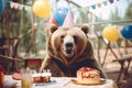 Birthday Celebration Bear at Outdoor Party, AI Generated