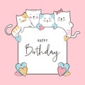 Birthday celebration card design with cute baby cats drawing. Funny happy decoration for kids and children anniversary banner,
