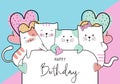 Birthday celebration card design with cute baby cats drawing. Vector illustration pastel colors. Funny happy decoration for kids