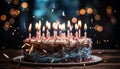Birthday celebration with a chocolate cake, glowing candles, and confetti generated by AI