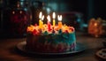 Birthday celebration with a delicious chocolate cake and glowing candles generated by AI