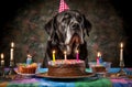 Black Labrador Retriever dog with a hat and birthday cake and candles. Royalty Free Stock Photo