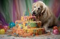 Labrador retriver dog with a hat and birthday cake and candles. Royalty Free Stock Photo