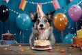 Collie dog with a birthday cake and candles. Royalty Free Stock Photo