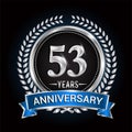 Birthday celebration logo 53rd years with wreath, laurel, blue ribbon and silver ring