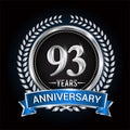 Birthday celebration logo 93rd years with wreath, laurel, blue ribbon and silver ring