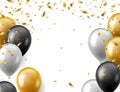 Birthday celebration party banner. Realistic gold, white and black festive balloons and golden confetti poster