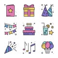 Birthday celebration thin line icons set. Party, holidays. Basic birthday elements. Vector simple linear design