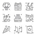 Birthday celebration thin line icons set. Party, holidays. Basic birthday elements. Vector simple linear design