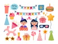 Birthday celebration vector set. Cute smiling boy and girl with a cake, gift. Festive elements - firecracker, balloon, funny Royalty Free Stock Photo