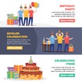 birthday characters. happy funny cartoon, dissapointed, male people standing with present boxes, surprize containers, gift with