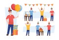 birthday characters. happy funny cartoon male people standing with present boxes, surprize containers, gift with ribbons, holiday Royalty Free Stock Photo