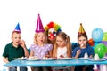 Birthday child clown playing with children. Kid holiday cakes celebratory. Royalty Free Stock Photo